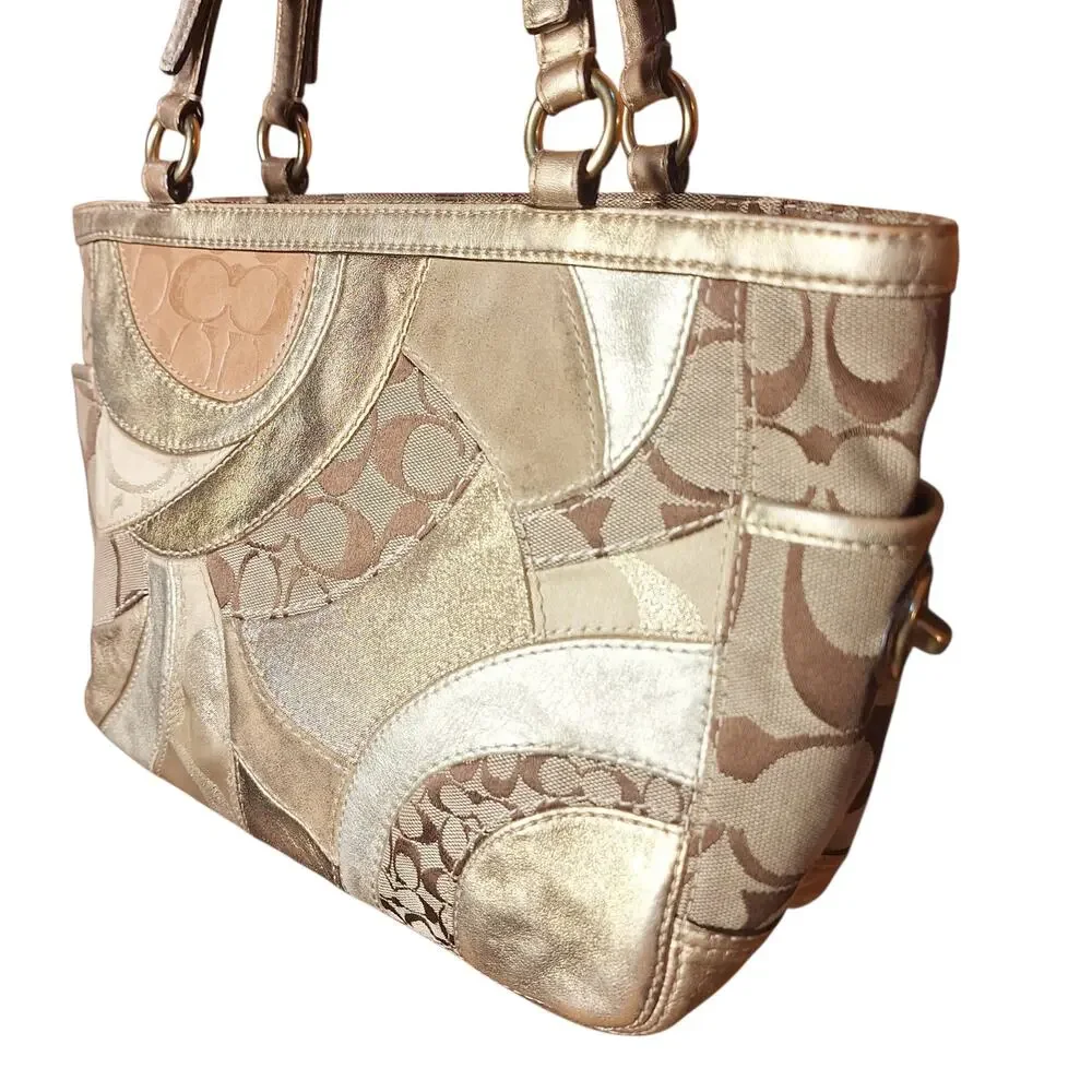 Coach Y2K Vintage Gold Metallic Mosaic Patchwork Signature Tote gold leather